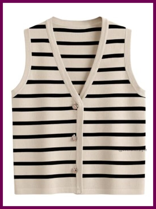 Tops - Striped Sweater Vest Button Up Sleeveless V Neck Knit Top
